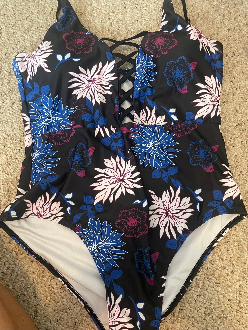 SHEIN Black One-Piece Swimsuit with Blue, White & Purple Floral Print